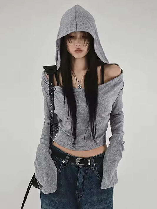 Basic Hooded Waste Soil Style Cropped T-Shirt Y2k Aesthetic Slim Off Shoulder Long Sleeve Tees Casual Streetwear Tops