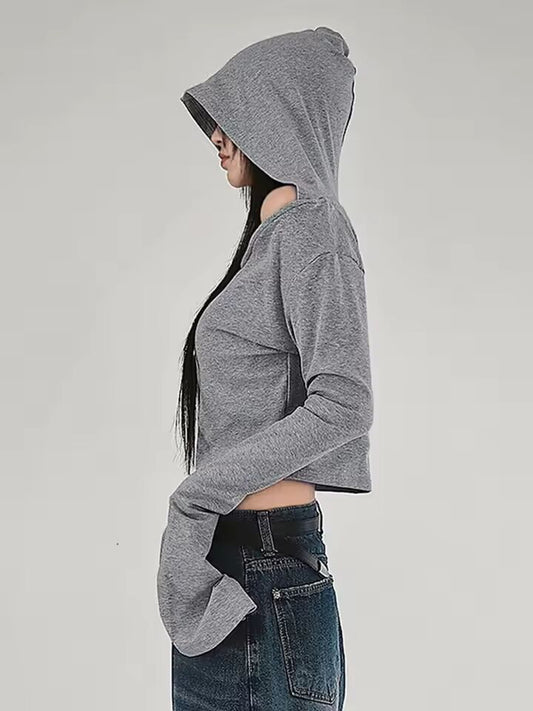 Basic Hooded Waste Soil Style Cropped T-Shirt Y2k Aesthetic Slim Off Shoulder Long Sleeve Tees Casual Streetwear Tops