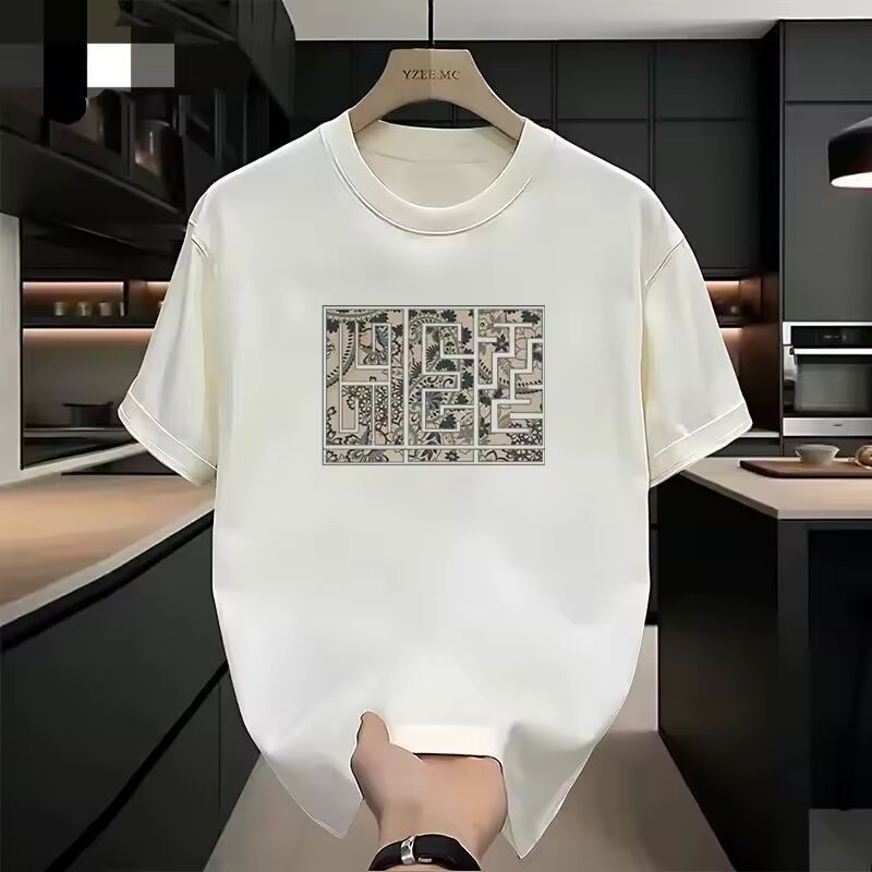 Short Sleeve Summer New Short Sleeve T-shirt Round Neck Loose Casual Top Men's Half Sleeve Maze Printed Pure Cotton T-shirt Tee