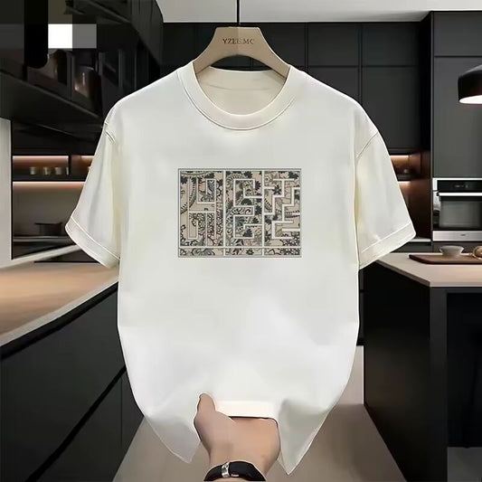 Short Sleeve Summer New Short Sleeve T-shirt Round Neck Loose Casual Top Men's Half Sleeve Maze Printed Pure Cotton T-shirt Tee