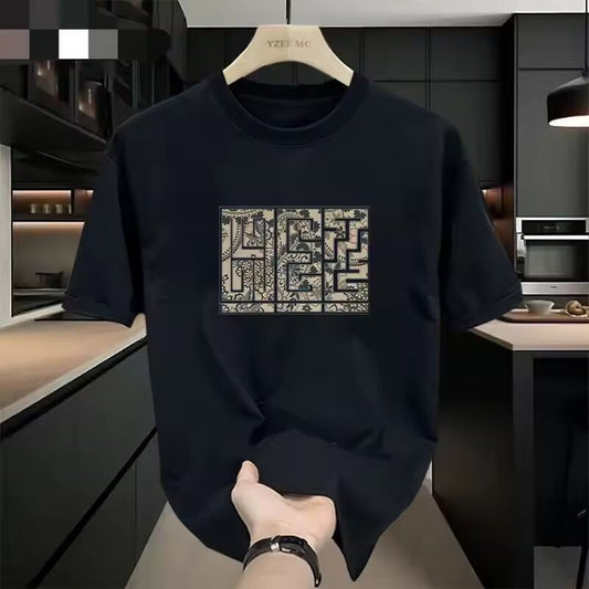 Short Sleeve Summer New Short Sleeve T-shirt Round Neck Loose Casual Top Men's Half Sleeve Maze Printed Pure Cotton T-shirt Tee